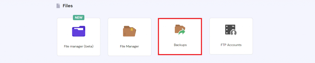 Backups menu on hPanel