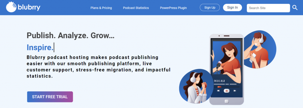 The homepage of Blubrry, a podcast hosting service that offers a free WordPress site