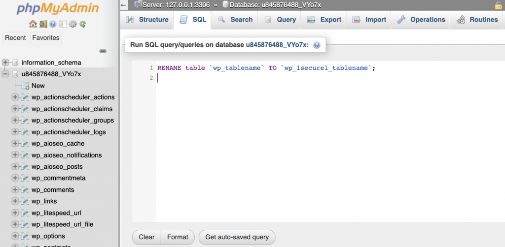 Changing wp_tablename and wp_1secure1_tablename values on phpMyAdmin