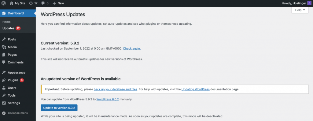 Checking for the latest version of WordPress with an Update to version 6.0.2 button present