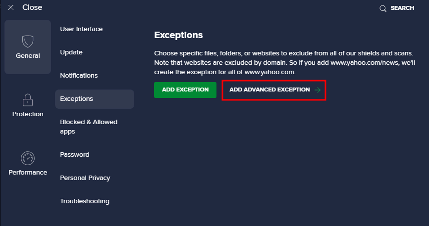 Choosing the Add Advanced Exception option inside the Avast Antivirus application.