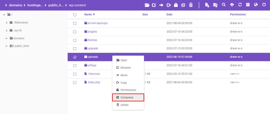 Compressing the Uploads folder inside the WP-Content directory via Hostinger's File Manager