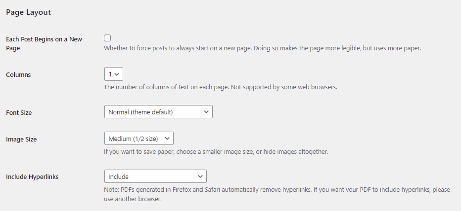 Customizing Print My Blog plugin's page layout settings