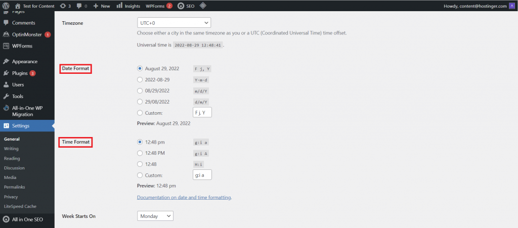 Date Format and Time Format options in WordPress settings