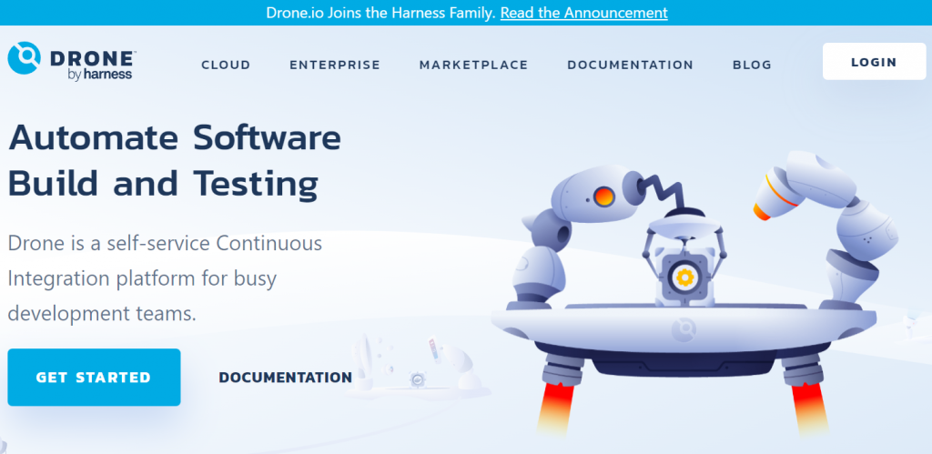 A screenshot of Drone.io's website with a blue-dominant color scheme