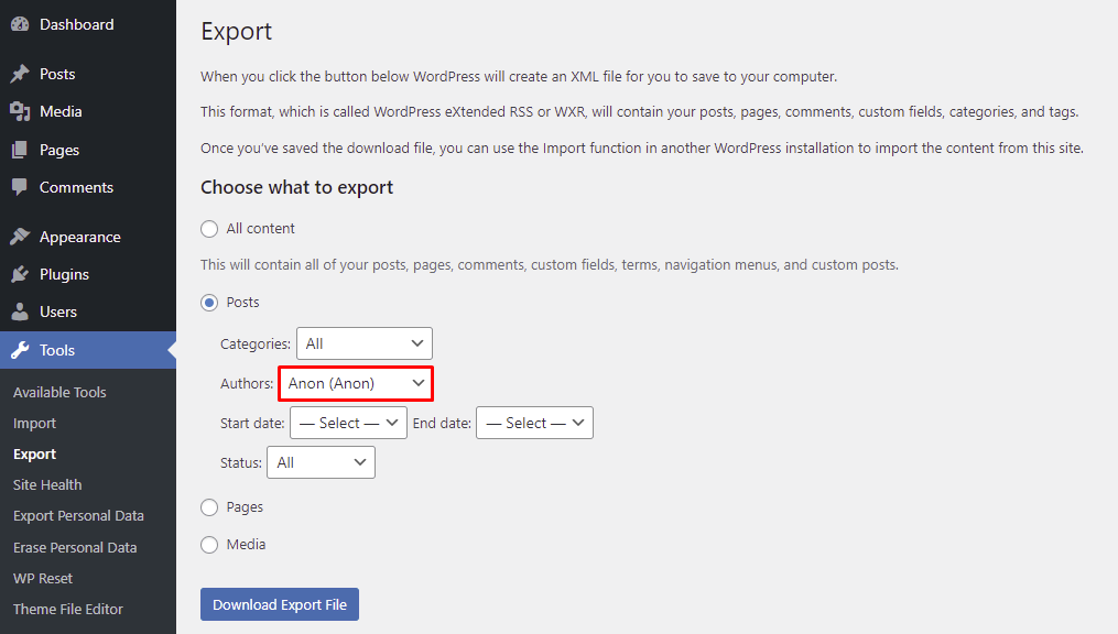 Exporting specific blog posts with the WordPress export tool using a dummy user