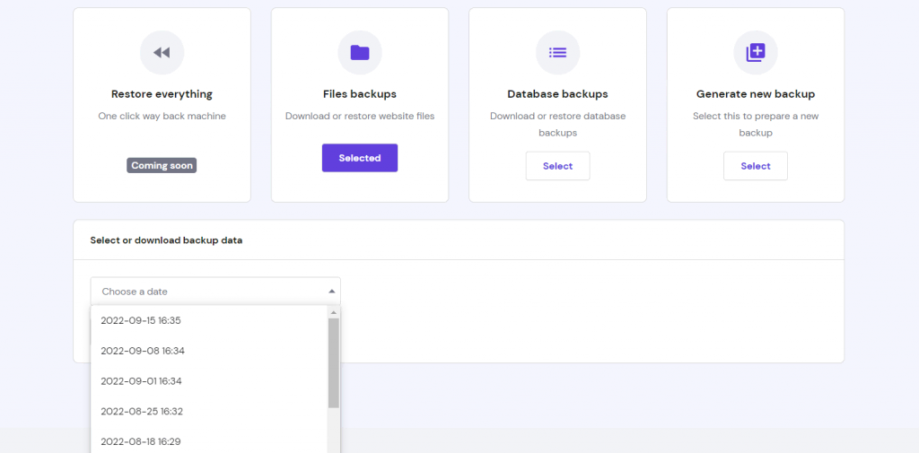 File backups menu on hPanel