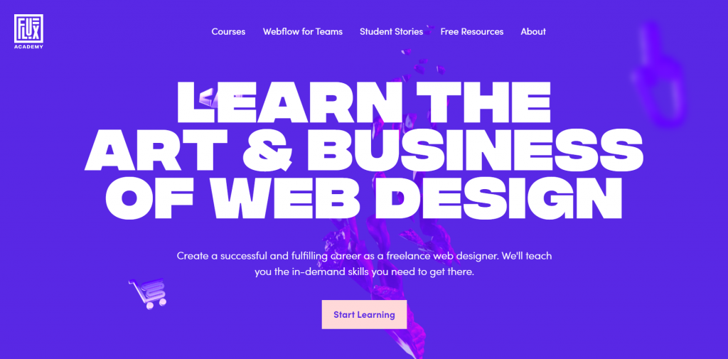 Flux Academy's site displays a large text at the center that says "Learn The Art & Business of Web Design"
