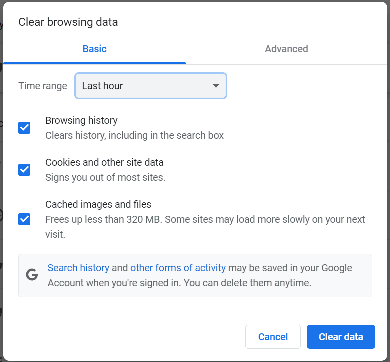 Clear browsing data window of Google Chrome