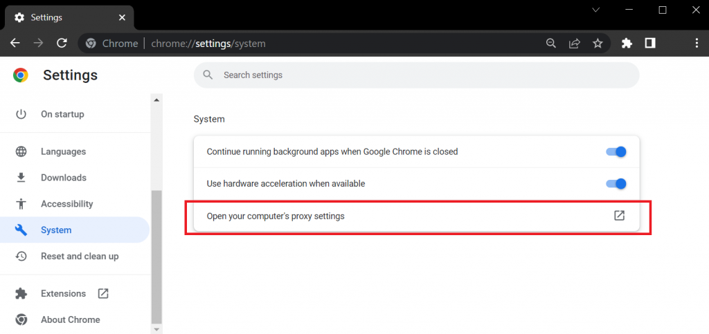 The Open computer's proxy settings button in Google Chrome's settings menu.