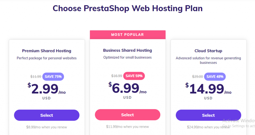 Hostinger's PrestaShop hosting plans