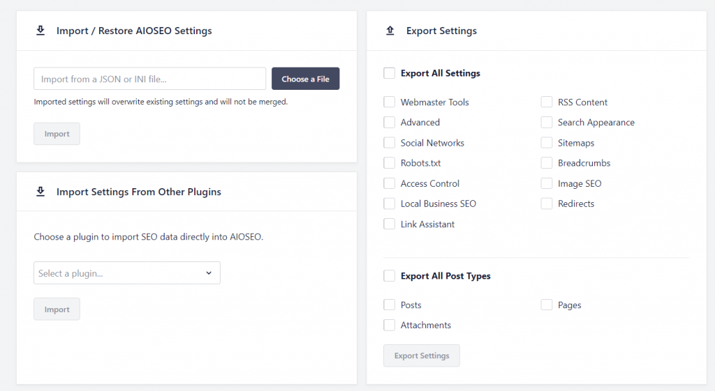 Import, export, and restore options on AIOSEO