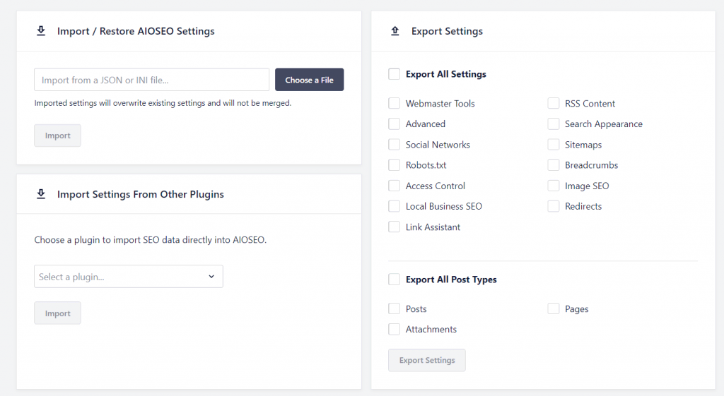 Import, export, and restore options on AIOSEO