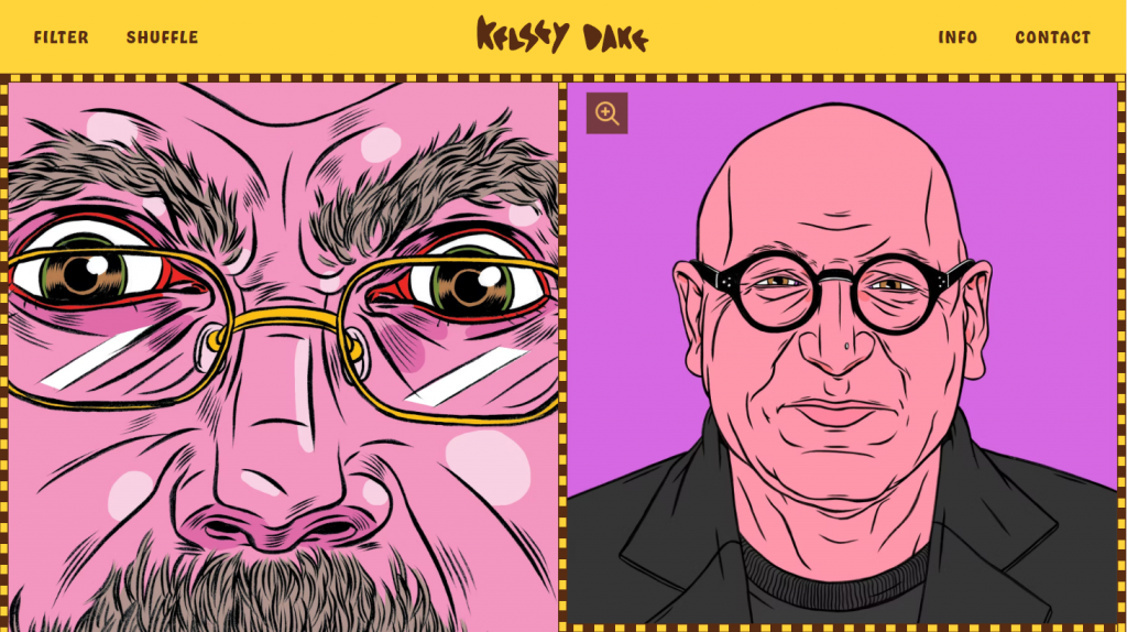 A screenshot of Kelsay Dake's website with a yellow, brown, and purple color scheme