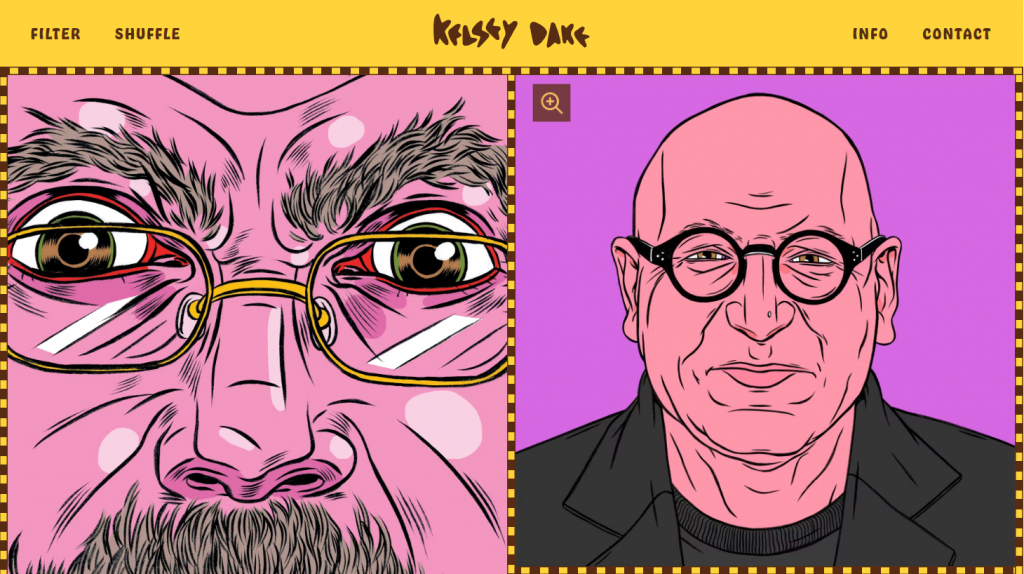 A screenshot of Kelsay Dake's website with a yellow, brown, and purple color scheme