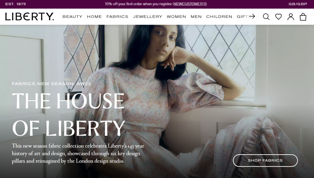 vA screenshot of Liberty London's website with a white and purple color scheme