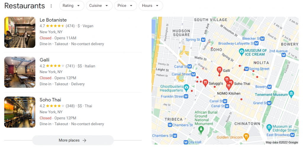Local search results for restaurants