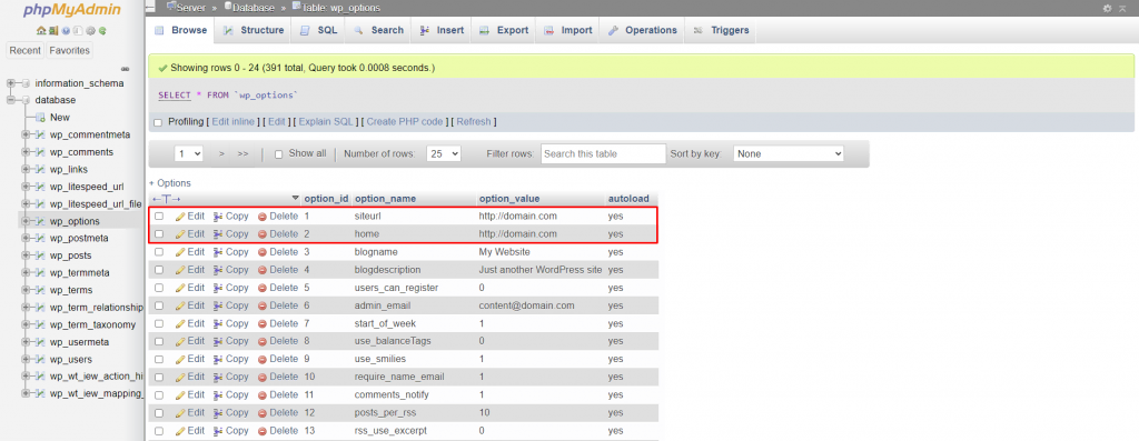 Locating the siteurl and home options of a WordPress database in phpMyAdmin