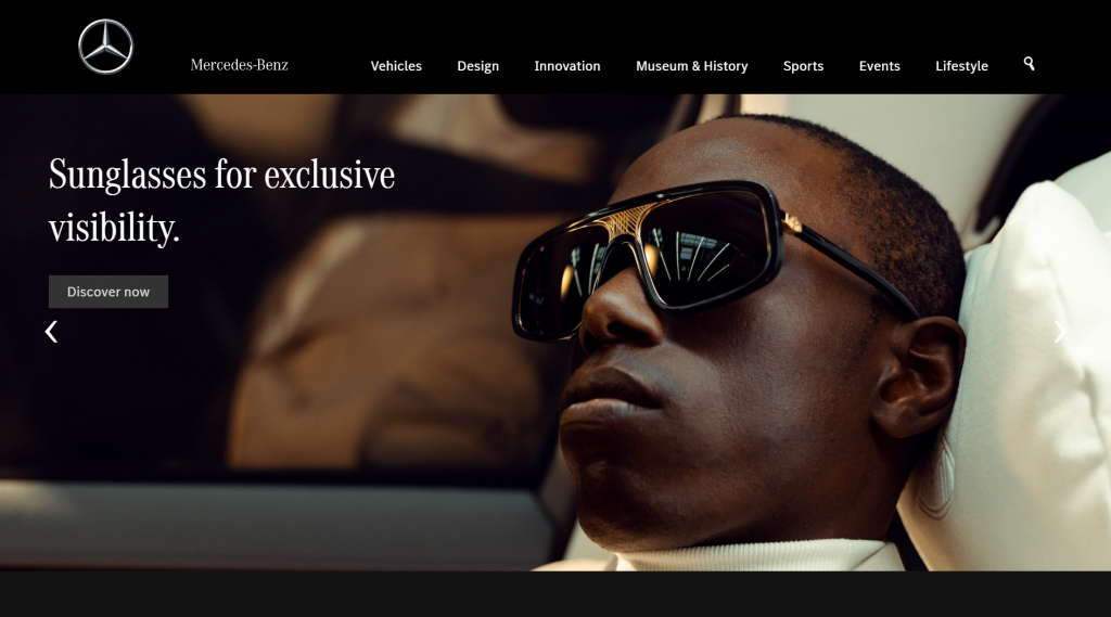 Mercedes-Benz' website displays a close-up of a man wearing sunglasses and the text "sunglasses for exclusive visibility" on the top left of the pag