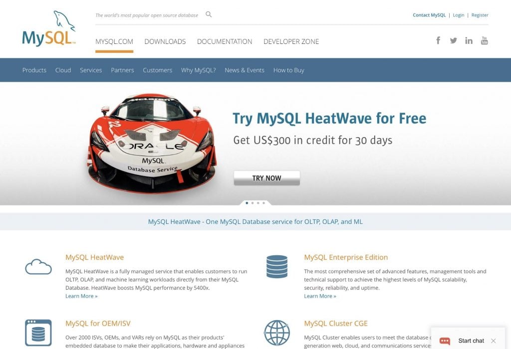 MySQL open-source database front page