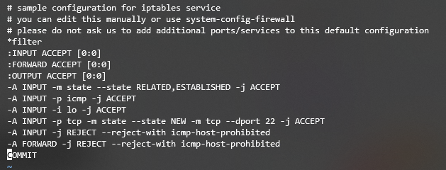 Opening CentOS' iptables sysconfig file via Terminal.