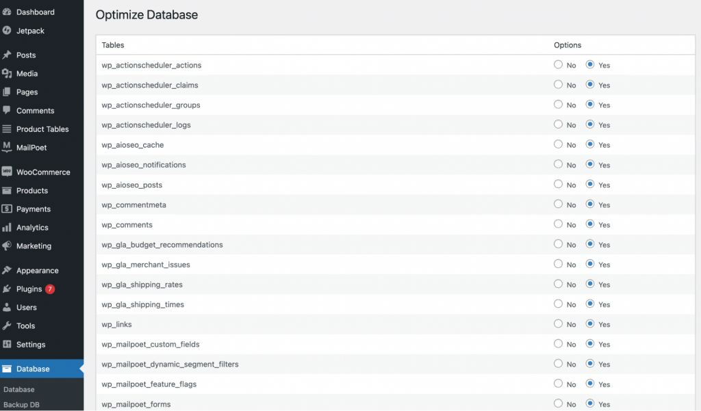 Optimizing WordPress database with WP-DBManager