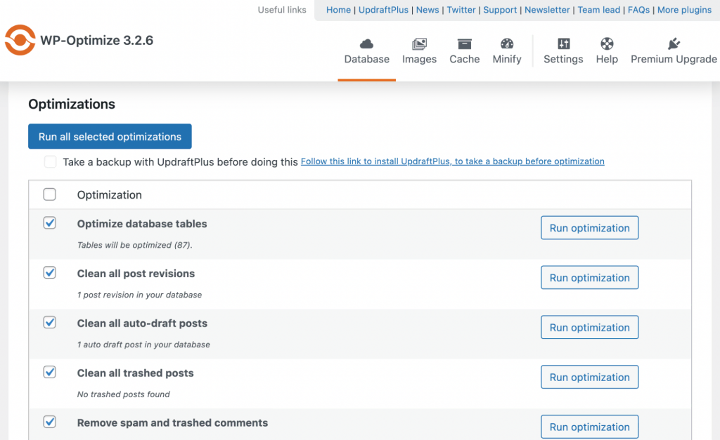 Optimizing WordPress database with WP-Optimize