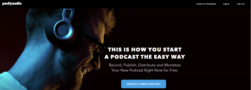 The homepage of Podomatic, a podcast hosting service with a mobile app version