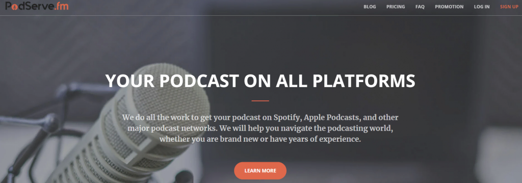 The homepage of PodServe, a podcast host that offers unlimited storage and shows