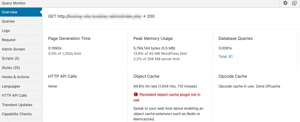 Query Monitor Overview page