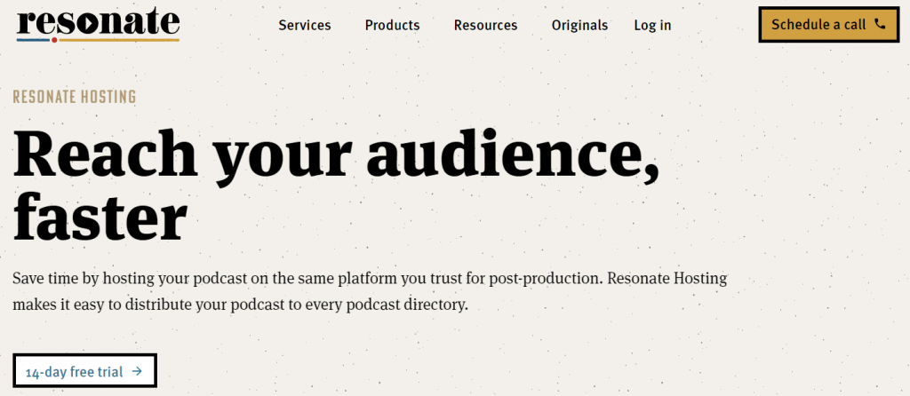 The hosting product page of Resonate, a podcast production company
