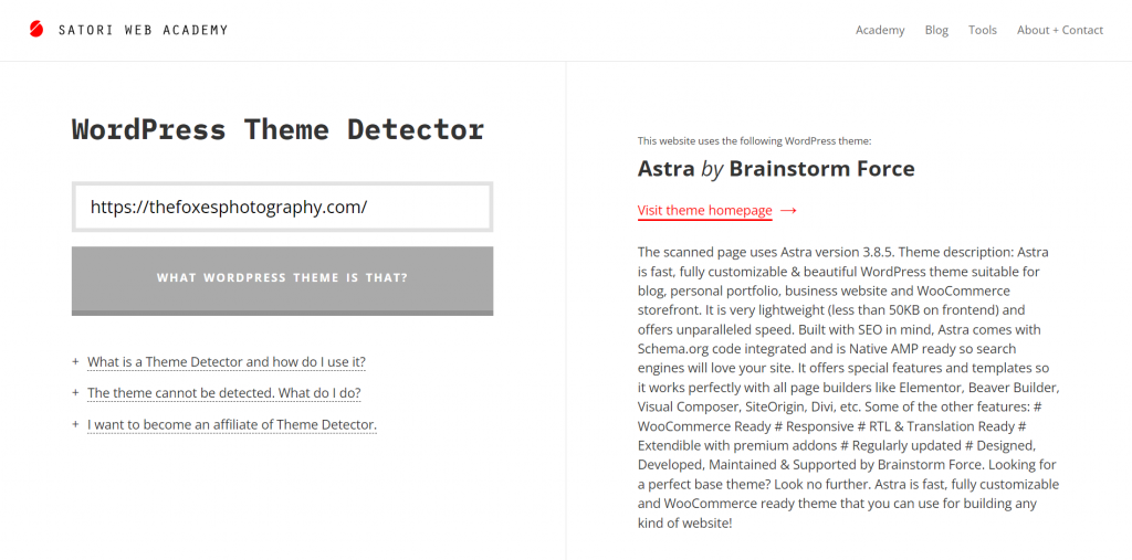 Satori Web Academy's WordPress Theme Detector tool