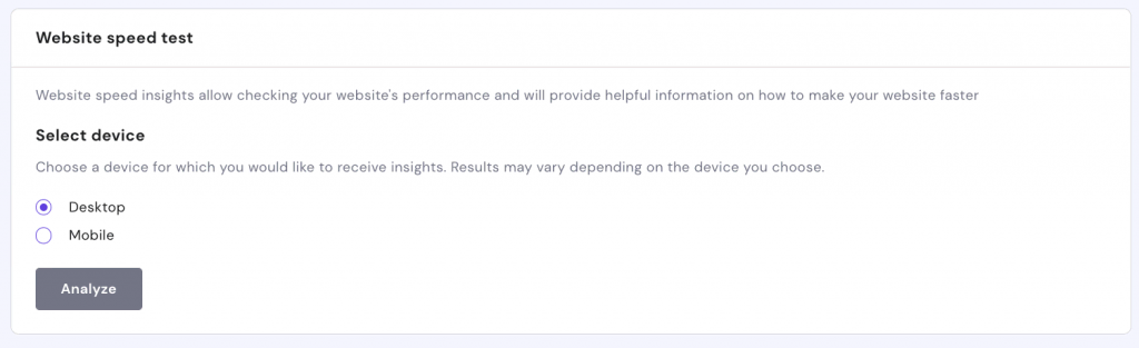 Selecting a different device for the website speed test on hPanel