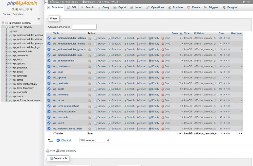 Selecting all WordPress tables to be optimized on phpMyAdmin