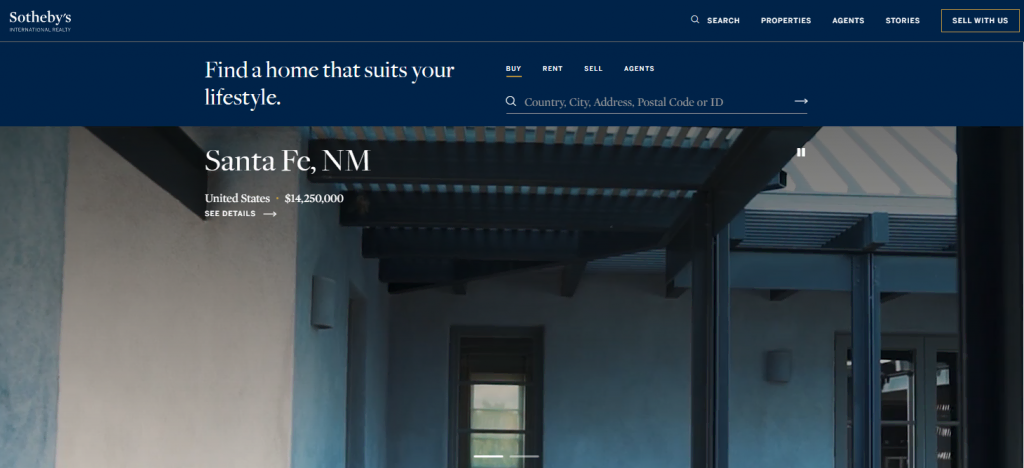 A screenshot of Sotheby's website with a dark royal blue and gold color scheme.