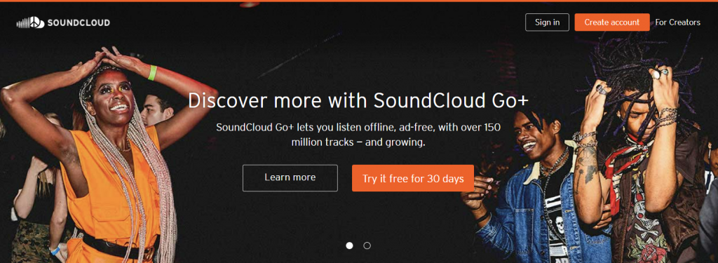 The homepage of SoundCloud, a popular music streaming platform