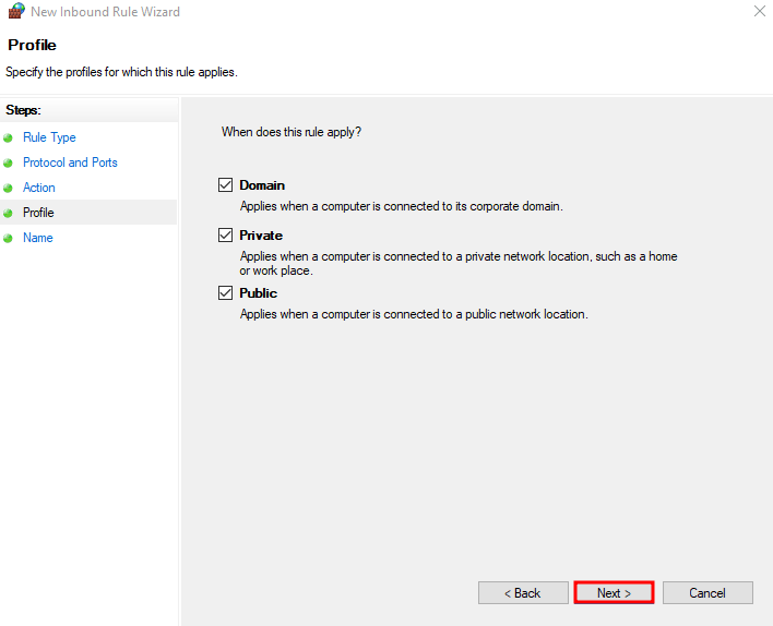 Specifying the new rule's profiles on Windows Defender Firewall.