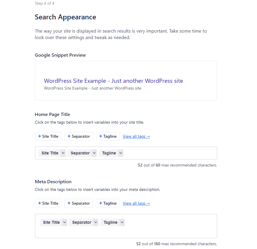 Step four of the setup wizard: Search Appearance