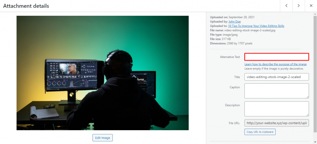The Attachment details window on WordPress Media Library with the Alternative Text field highlighted