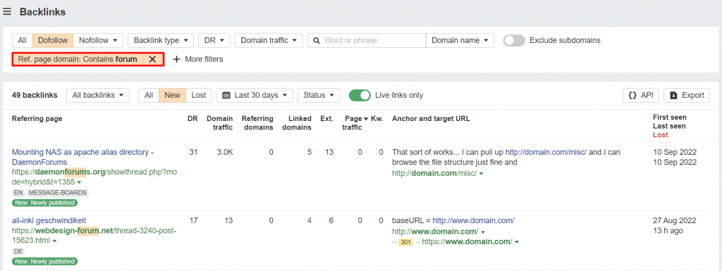 The Backlinks analysis section on Ahrefs, showing how to apply the domain name filter