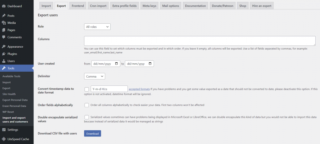 The Export tab of the Import and Export Users and Customers plugin, displaying the configurations to set up before downloading the CSV file