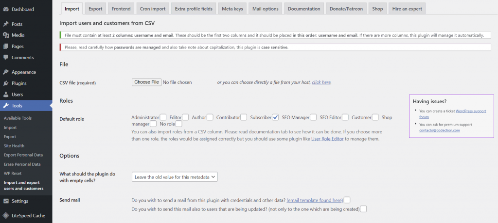 The Import tab of the Import and Export Users and Customers plugin, where admin can import user data using a CSV file