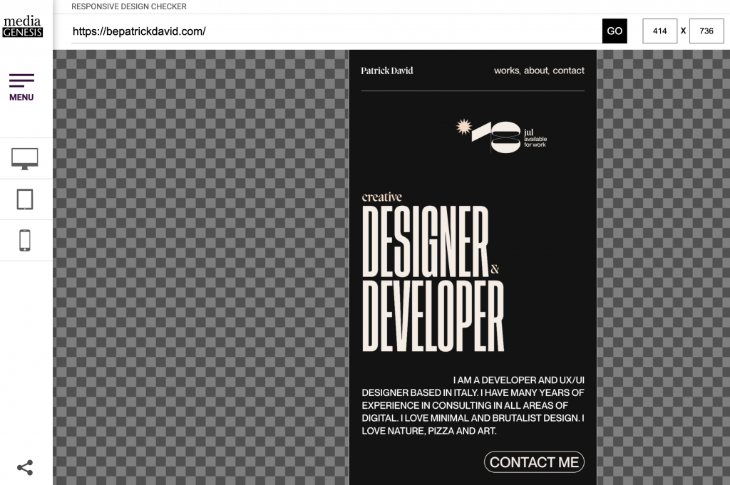 The Responsive Design Checker tool showing how a portfolio site is displayed on mobile