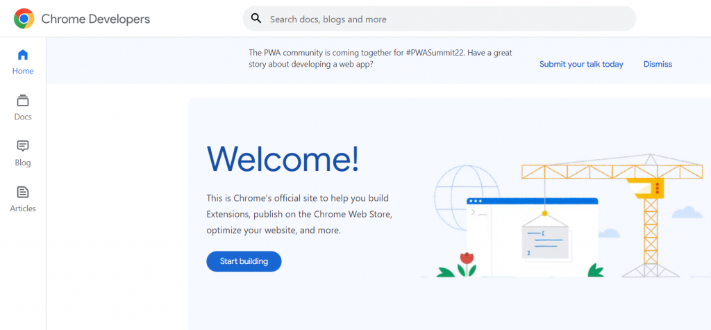 The homepage of Chrome Developer Tools