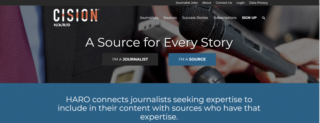The homepage of HARO, a website that connects journalists with sources