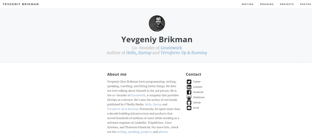 The homepage of Yevgeniy Brikman's portfolio website