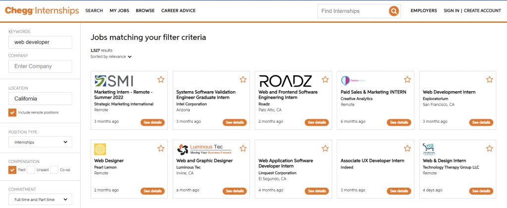The job results for "web developer" on Chegg Internships