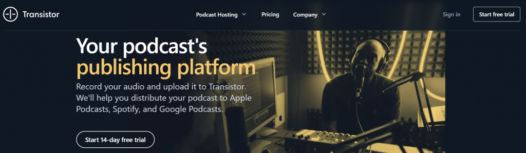 The homepage of Transistor, a podcast host suitable for managing multiple shows in one account
