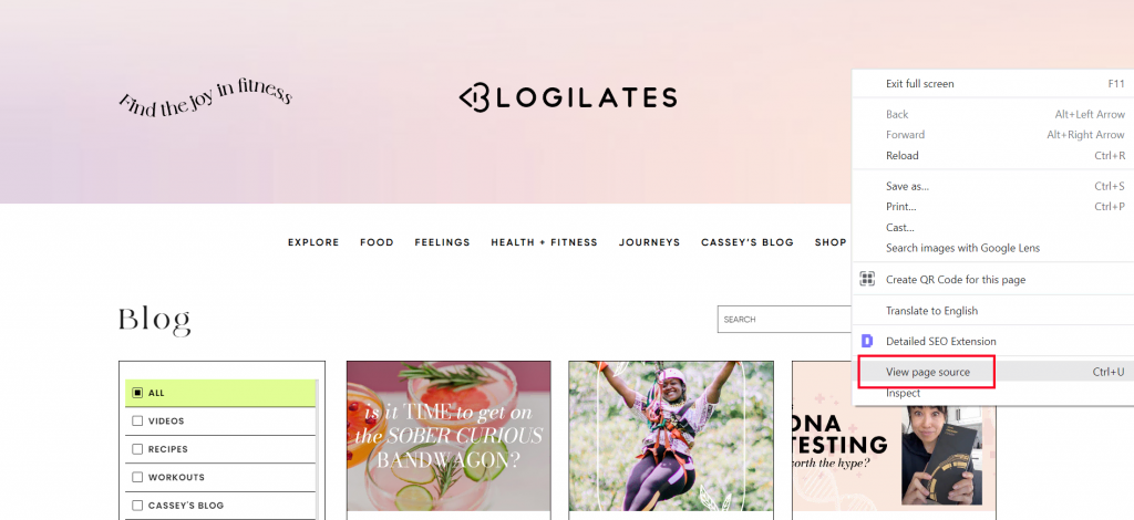 View page source menu on Blogilates' website