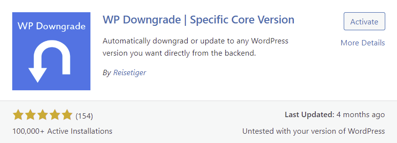 WP Downgrade plugin banner on the WordPress plugin directory.